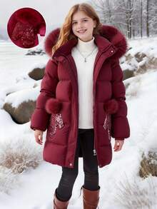 SHEIN 1 件中长款连帽棉衣，带毛领、口袋和亮片装饰，拉链开合，时尚冬季外套