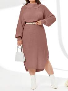EURMUSE Turtleneck Raglan Sleeve Split Thigh Sweater Dress Without Belt - Dusty Pink - View 6