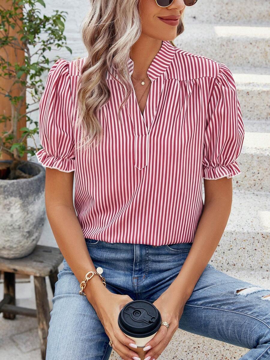 Calvaya Women Leisure Striped Print Notched Collar Bubble Sleeve Shirt For Summer - Burgundy - View 1
