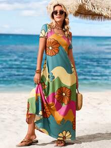 Sylviya Vestido largo casual de mujer con cuello cuadrado y manga corta, vestido bohemio de verano adecuado para salir, elegante y apropiado para vacaciones - Multicolor - Ver 5