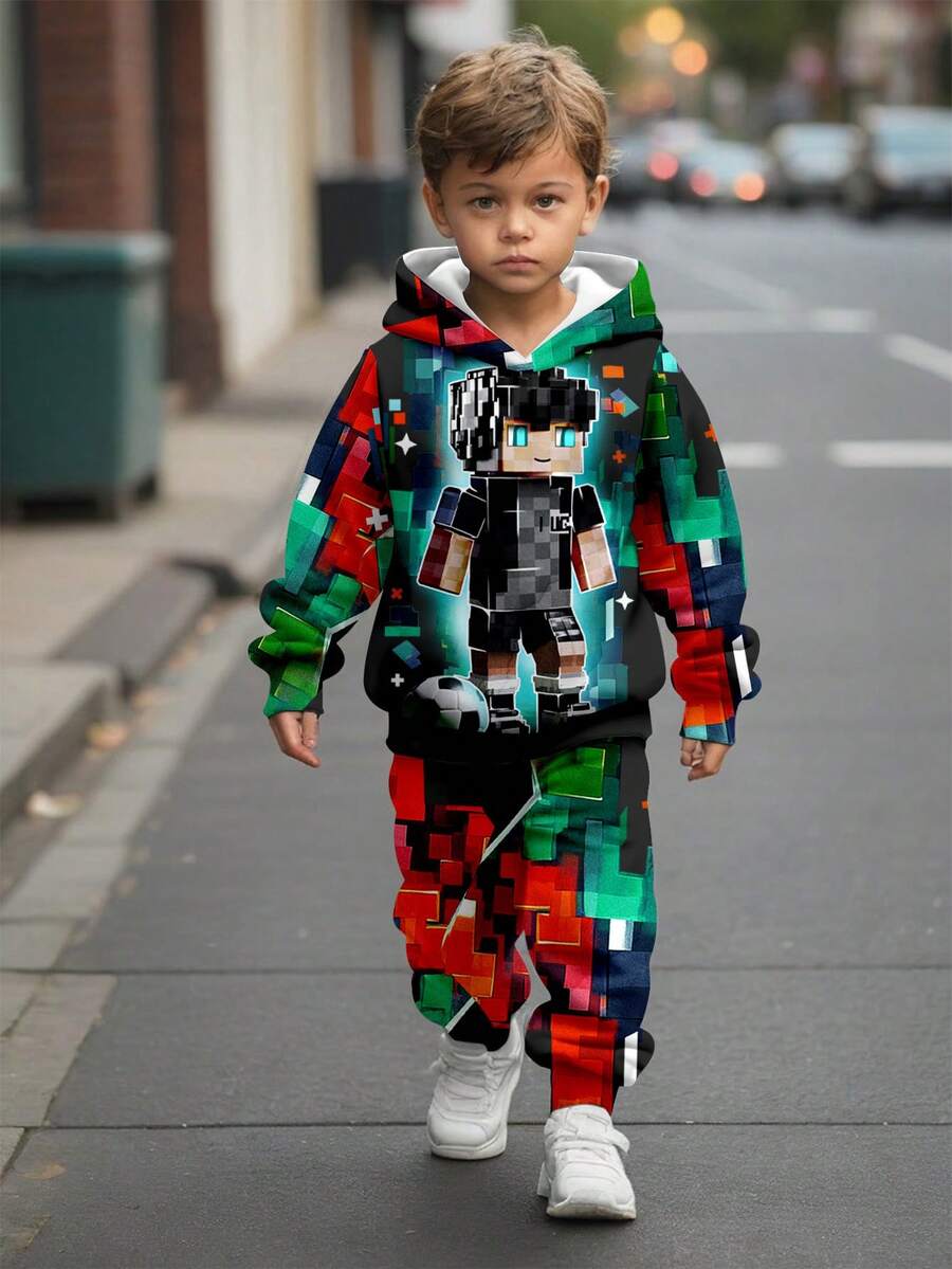 SHEIN 2pcs/Set Cartoon Football, Pixelated People, Players, Athletes, Football Stars, Handsome, Cool Young Boys Casual Loose Fit Pullover Hoodie Sweatshirt - Multicolor - View 1