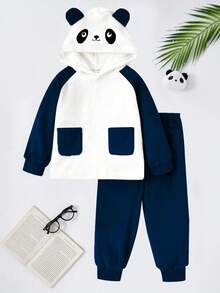 SHEIN Playful Pals Set de pantalones y top con capucha de manga larga con bordado de panda juguetón para niño pequeño, conjunto de ropa de estar cómoda y casual - Azul Marino - Ver 8