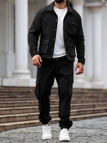 Manfinity Homme Men's Casual Solid Color Long Sleeve Utility Shirt & Pants Set, Fall Clothes - Black - View 5