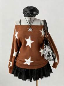 Sunspun 大码女式 Y2K 街头风格五角星提花宽松船领蝙蝠袖舒适针织套头衫，适合秋冬季和返校季 - 駝色 - 查看 4