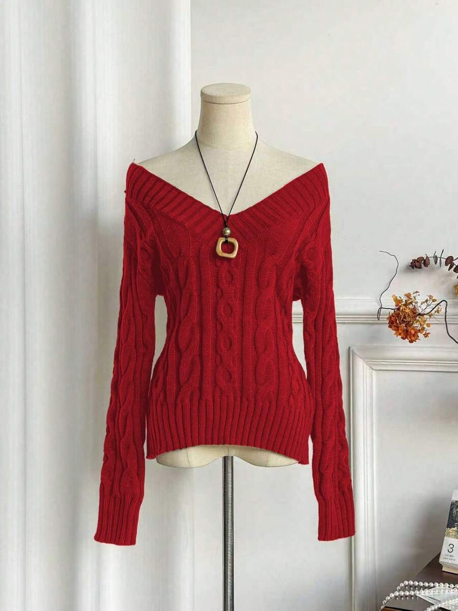 Sweetra 女式简约甜美棕色 V 领粗针织长袖套头衫，秋冬 - 紅色 - 查看 1