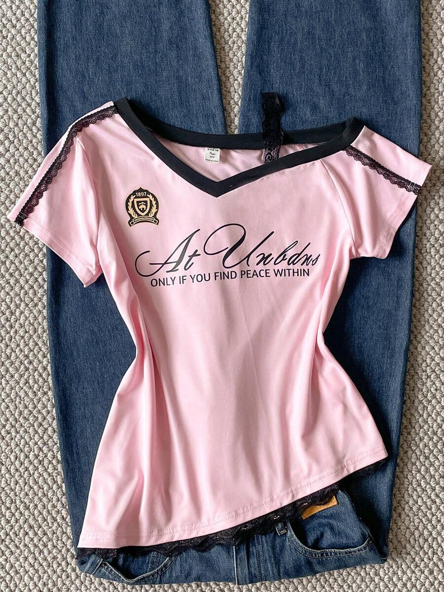 1pc Teen Girl Sweet & American Style Fitted Patchwork Contrast Color Floral Print T-Shirt With Lace Trim, Summer - Pink - View 1