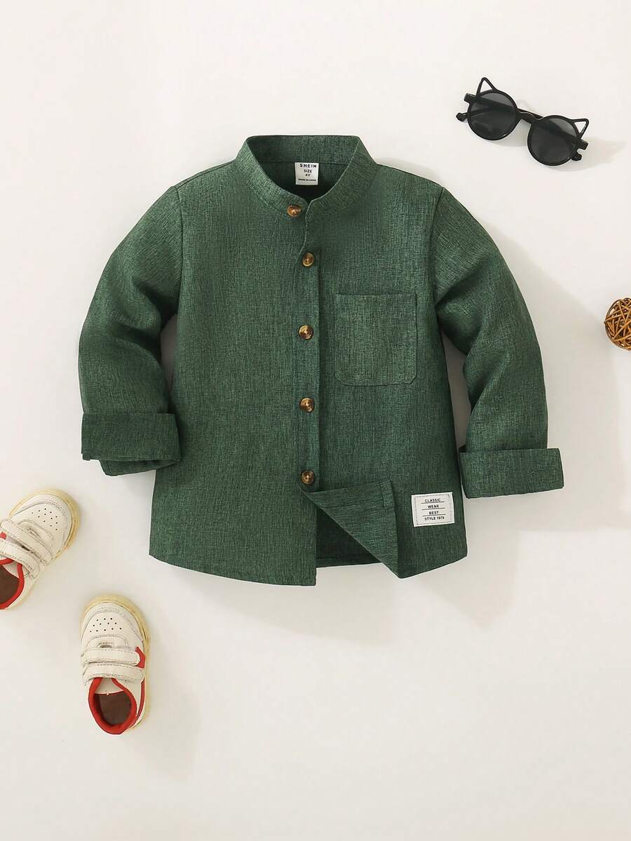 SHEIN 男童休闲日常通勤字母拼布口袋立领长袖衬衫，秋季/春季 - 綠色 - 查看 1