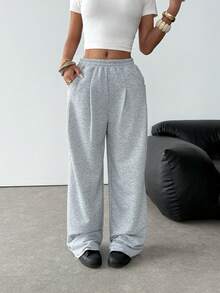 SHEIN Teen Girl Loose Fit Casual Sweatpants With Pockets, Light Heather Gray Wide Leg Sweatpants Comfy Pants Grey Sweat Pants Baggy Sweats Loose Pants - Light Grey - View 5