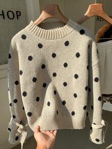 Comfortcana 可爱波点针织圆领毛衣，带蝴蝶结 - 杏色 - 查看 8