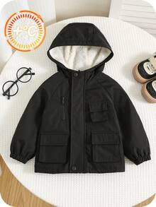 SHEIN 男婴/女婴羊毛加厚连帽棉衣，黑色长袖夹克，舒适百搭休闲工作服风格百搭冬季外套，适合室内、户外、滑雪、日常穿着、运动、玩耍、派对、摄影 - 黑色 - 查看 4