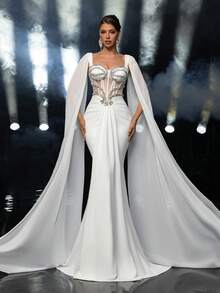 Glamrae Elegant White Elastic Knit Waist Boned Sheer Chiffon Extra Long Mesh Flare Sleeve Luxurious Handmade Rhinestone Fishtail Extra Long Trailing Adjustable Tie Suitable For Wedding Events Bridal Gown - White - View 6