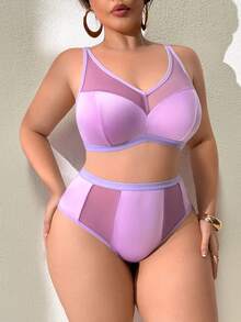SHEIN Bộ 2 áo ngực và quần lót không dây cỡ lớn mềm mại tối giản mặc hàng ngày, màu hoa oải hương - Màu tím - Xem 4