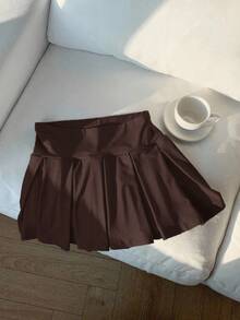 SHEIN EZwear Chocolate Brown Casual Versatile Plus Size Sports Mini Pleated Skirt,Autumn Back-To-School Graduation Chic Elegant Solid Color For Party,Wedding,Date - Chocolate Brown - View 7