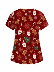 PopScrub Christmas Cartoon Print Scrub Uniform Top - Multicolor - View 2