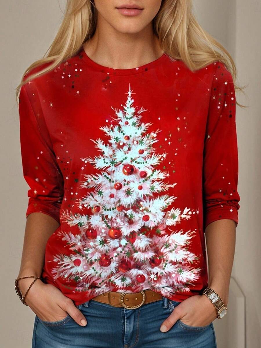 EMERY ROSE 女士节日圣诞树印花长袖 T 恤，圆领，休闲风格，涤纶针织面料，常规版型，四季皆宜 - 彩色 - 查看 1