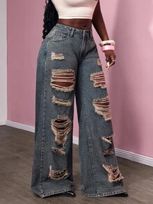 Slaydiva Quần jean ống rộng dáng rộng, túi rách, dễ phối đồ cho nữ cỡ lớn - Xám - Xem 5