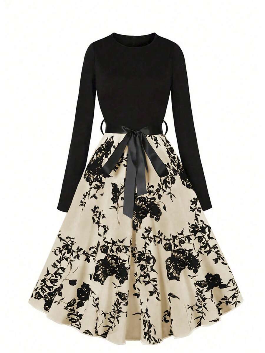 EMERY ROSE Women Elegant Floral Print Round Neck Long-Sleeved Dress With Large Swing Hem For Spring/Summer Maxi Women Outfit - Apricot - View 1