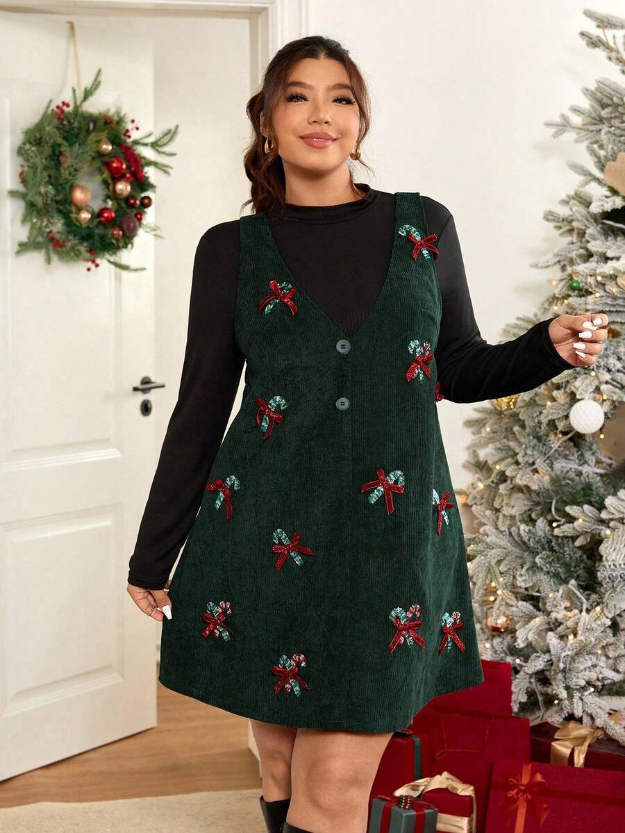 Lounesse 2pcs/Set Plus Size Women's Christmas Sequin Bow Decor Long Sleeve T-Shirt Dress - Dark Green - View 1