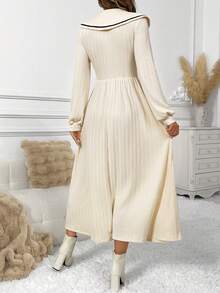 EMERY ROSE Women's Casual Contrast Piping Sailor Collar Lantern Sleeve Waist Cinched Dress, Spring/Autumn - Beige - View 2