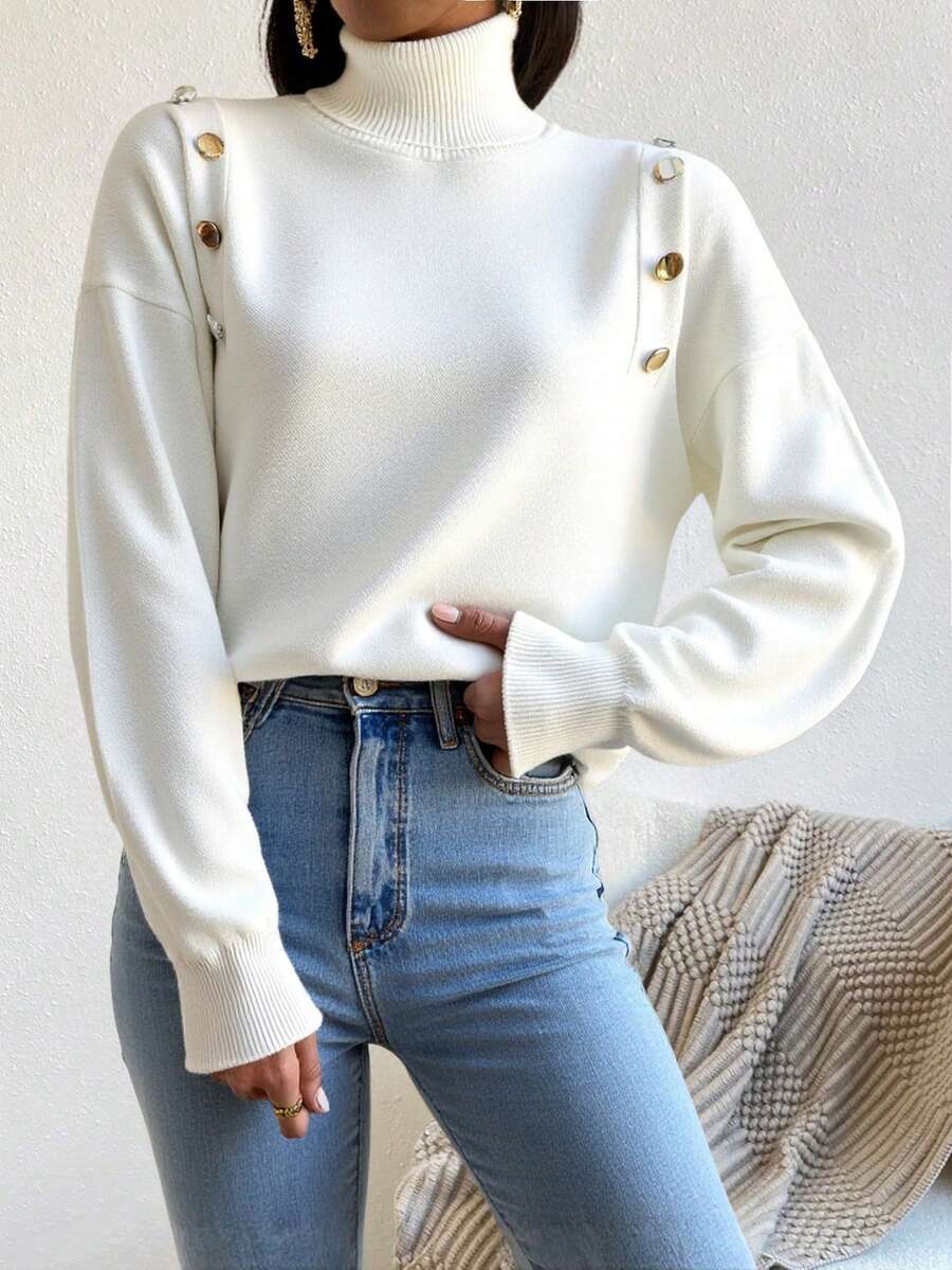 Elegant Turtle Neck Gold Button Details On Shoulders Solid Color Cozy Warm Sweater For Fall Winter Women Office Chic White Women White Sweater Women White Knit Sweater Womens White Jumper Turtleneck Sweater White Turtleneck Sweater Women,Jumpers,Women's Jumpers