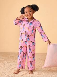 Blippi X SHEIN 少女卡通米克哈人物全身印花上衣和裤子秋冬睡衣套装 - 粉色 - 查看 4