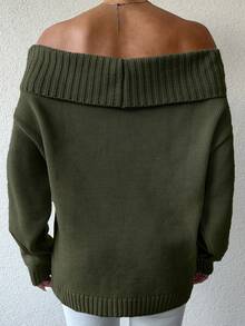 EURMUSE Women's Casual Solid Color Off-Shoulder Loose Sweater, Autumn/Winter - Army Green - View 2