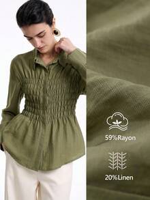 Aalyst Áo kiểu Pháp thanh lịch sang trọng thường ngày đi làm đi chơi văn phòng phong cách cổ điển màu trơn vải lanh xương cá cổ áo sơ mi có dây rút eo dáng chữ A tay dài, phù hợp cho mùa xuân, mùa thu và mùa đông - xanh quân đội - Xem 1