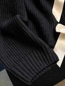 Franclia Bow Decor V-Neck Ribbed Casual Long Sleeve Sweater, Christmas - Black - View 5