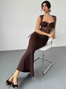Firerie 女士优雅蕾丝拼布修身连衣裙/舒适秋冬女装/优雅派对连衣裙/性感连衣裙/棕色蕾丝连衣裙/新年造型/仙女风格连衣裙/紧身胸衣连衣裙/新年连衣裙/性感连衣裙 - 棕色 - 查看 3