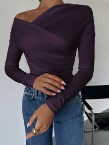 Firerie Camiseta envolvente de mujer con cuello asimétrico de unicolor - Morado - Ver 6