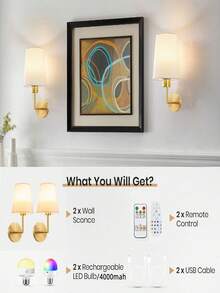 Rechargeable Battery Powered Wall Lamp, Gold Chargeable Wall Light With 2000mAh, Dimmable, Detachable Bulb And Remote Control, 15 Colors Wireless Wall Lamp For Bedroom, Living Room, Corridor Decor