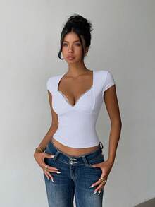 INAWLY 女式夏季纯色撞色蕾丝修身短款T恤 - 白色 - 查看 4