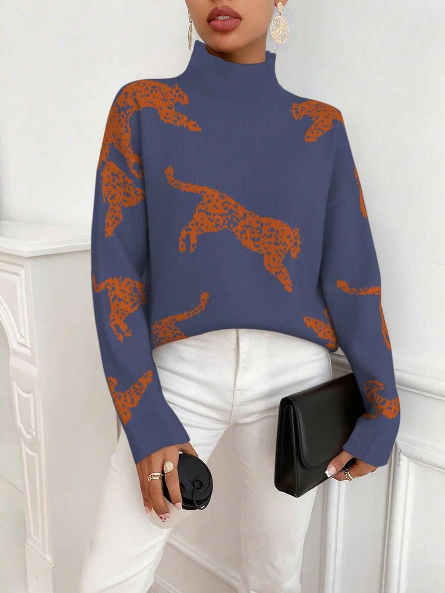 SHEIN Clasi Women Animal Pattern Turtleneck Long Sleeve Sweater - Blue - View 1