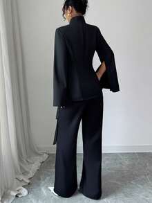 Elenzga Conjunto de traje de mujer con blazer de manga larga con cuello alto, cintura ceñida y dobladillo en línea A, y pantalones rectos de pierna ancha de unicolor, elegante, de moda, casual, encantador, retro, minimalista, de alta gama, romántico y apropiado para vacaciones - Negro - Ver 2