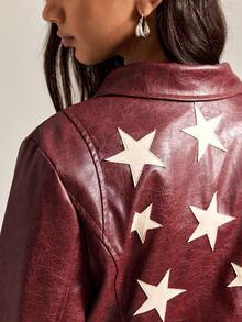 2025 Easelle Red Pu Jacket With Peaked Collar Retro Red Distressed White Effect Back Five-Pointed Star Patch Jacket 2025 Retro Wine Red - Burgundy - View 11