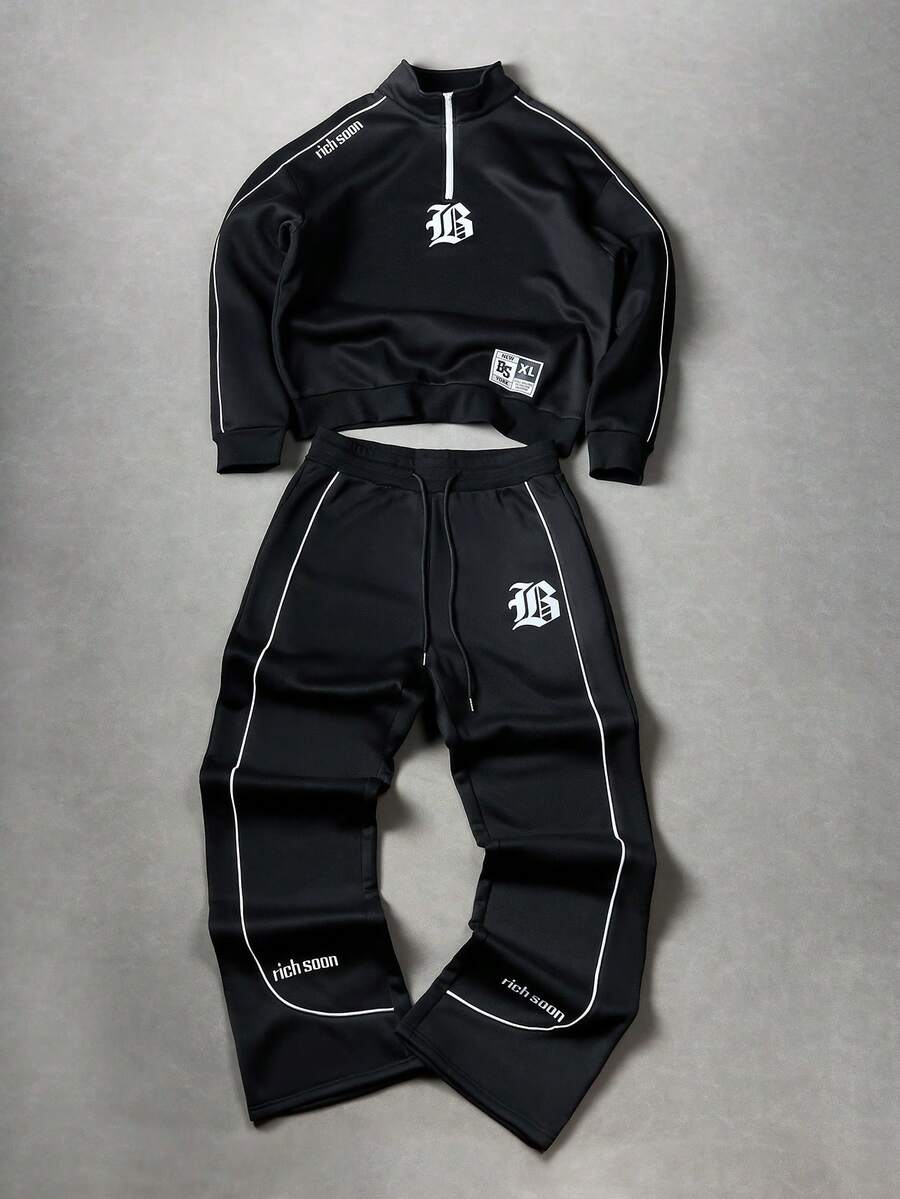 Manfinity EMRG Men's Letter Print Long Sleeve Sweatshirt And Drawstring Waist Sweatpants Casual Suit, Autumn - Black - View 1