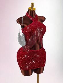 Amplova 2 chiếc áo yếm nhung thêu sequin cho nữ có viền tua rua, gợi cảm, thích hợp mặc nhiều lớp khi dự tiệc, gợi cảm và dễ thương - Nhiều màu - Xem 5