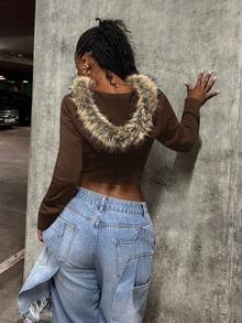 StreetHx 女式街头风连帽毛领修身长袖夹克，秋季 - 棕色 - 查看 3