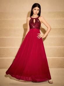 Rochie maxi elegantă din tul, cu paiete, fără spate, pentru adolescente, potrivită pentru absolvire, nuntă, bal, Halloween, Crăciun, vișinie; Rochie de prințesă la modă, cu tiv din plasă și burete, potrivită pentru întoarcerea la școală