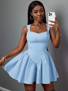 Slaydiva 2025 新款春夏大码女式复古西部/热带/音乐节/俱乐部/公路旅行//休闲/城市休闲/毕业约会/优雅度假/公主风格度假连衣裙，紫红色心形领口拼接甜心领口荷叶边下摆 A 字迷你连衣裙 - 藍色 - 查看 4