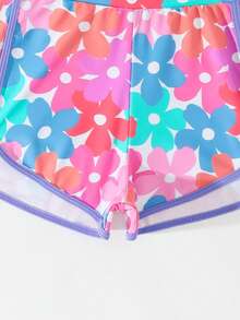 SHEIN Girls' Solid Color & Floral Print Patchwork Sleeveless Tankini Top - Purple - View 4