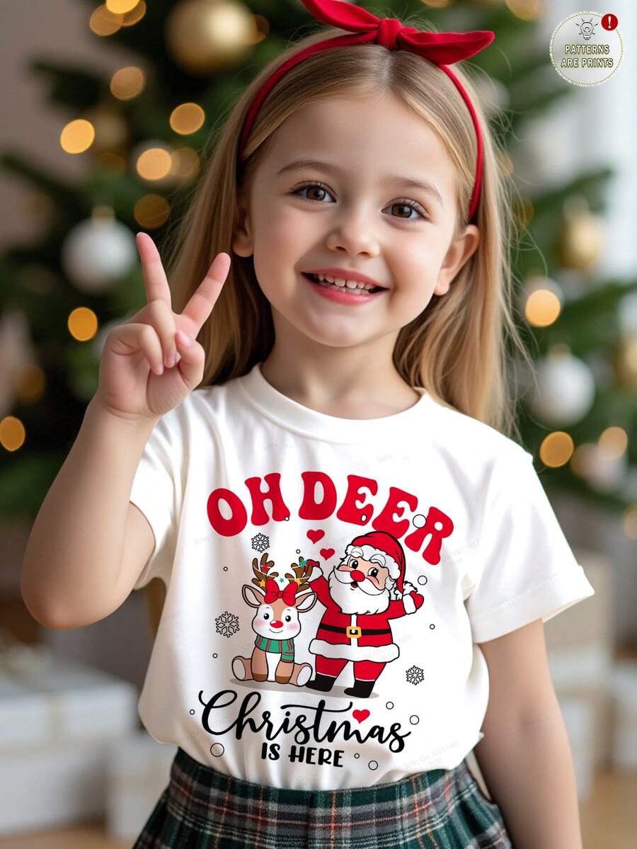 SHEIN 圣诞快乐可爱搞笑卡通圣诞老人和驯鹿图案“Oh Deer”节日年轻女孩休闲简约圆领短袖T恤,适合夏季 - 彩色 - 查看 1