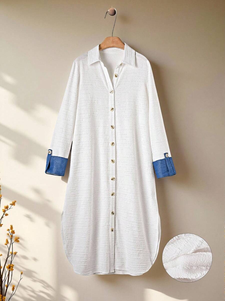 Rusticease Đầm dài cài nút phía trước họa tiết khối màu đơn giản dành cho nữ - trắng - Xem 1