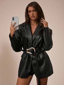 SHEIN BAE Autumn Winter Women's Fashion Leather Lace-Up Metal Buckle Belted Blazer Stylish Streetwear Blazer Versatile Leather Blazer Casual Date Night Blazer Women's Halloween Costume - Black - View 7