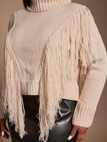 SHEIN SXY Plus Size Women's New Arrival Autumn/Winter Pullover Sweater With Tassel Decor High Neck - Apricot - View 4