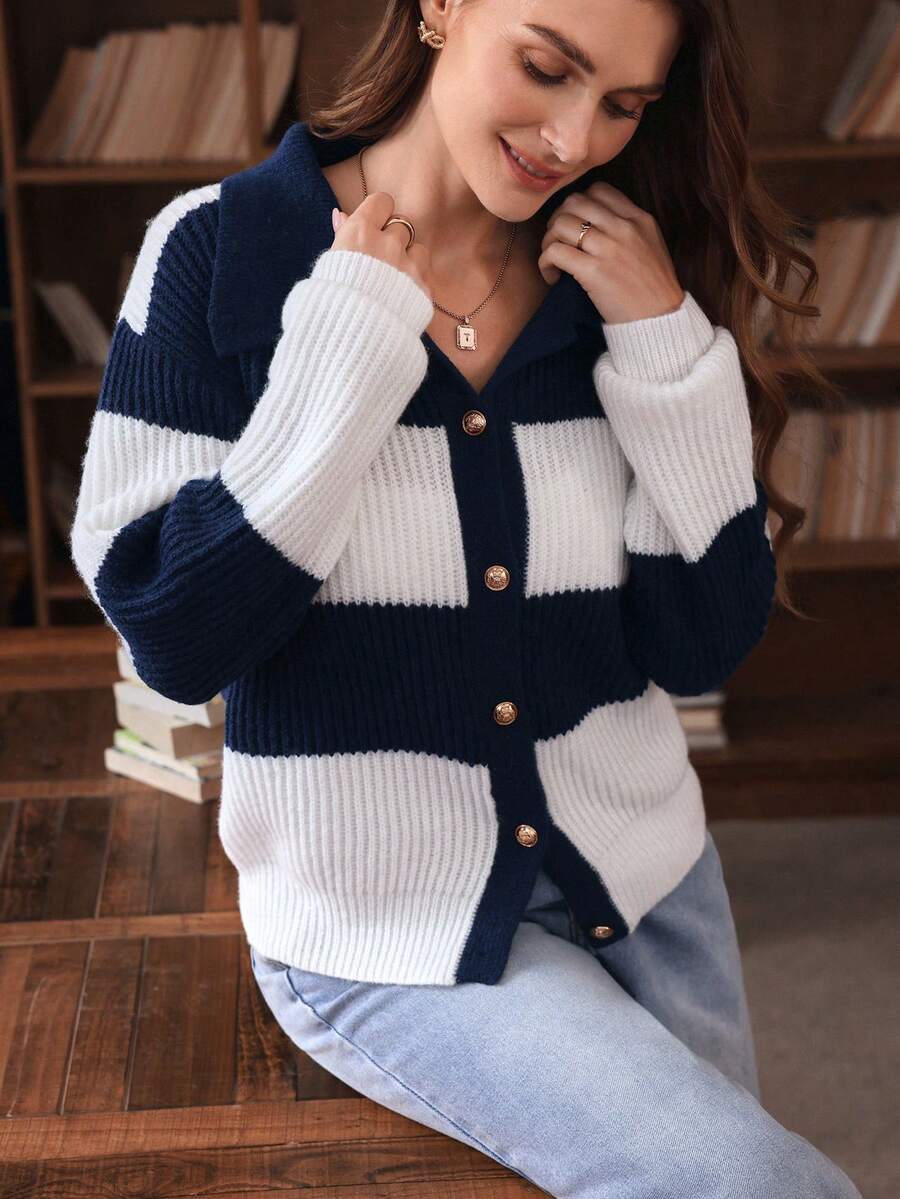 SHEIN Clasi Women's Casual Commuter Contrast Striped Pattern Drop Shoulder Loose Button Front Cardigan, Autumn/Winter