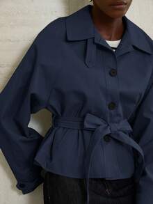 Aveloria Modichic Women's Classic Large Lapel Design Waist Belt Adjustable Waistline Minimalist Trench Coat - Navy Blue - View 1