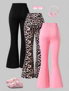 SHEIN 3pcs Girls Leopard Print Minimalist Black Skinny Flare Pants, Versatile Casual Wear For Spring, Summer And Autumn