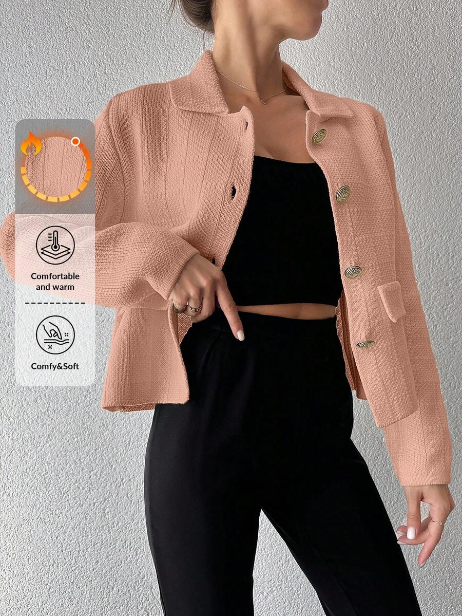 SHEIN Cottnline Women's Solid Color Front Button Faux Pocket Casual Blouse - Coral Pink - View 1