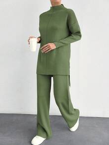 EURMUSE 女士春季/秋季休閒實色立領針織毛衣和長褲套裝 - 薄荷綠 - 查看 3